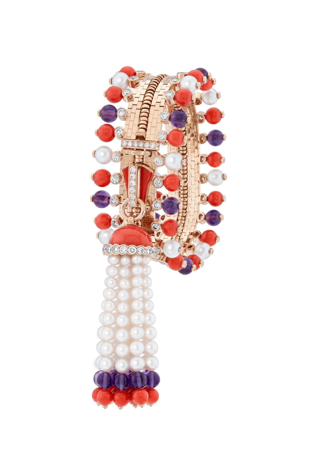 Zip Antique Couleur necklace transformable into a bracelet. Rose gold, amethysts, coral, white cultured pearls, white mother-of-pearl, diamonds.
