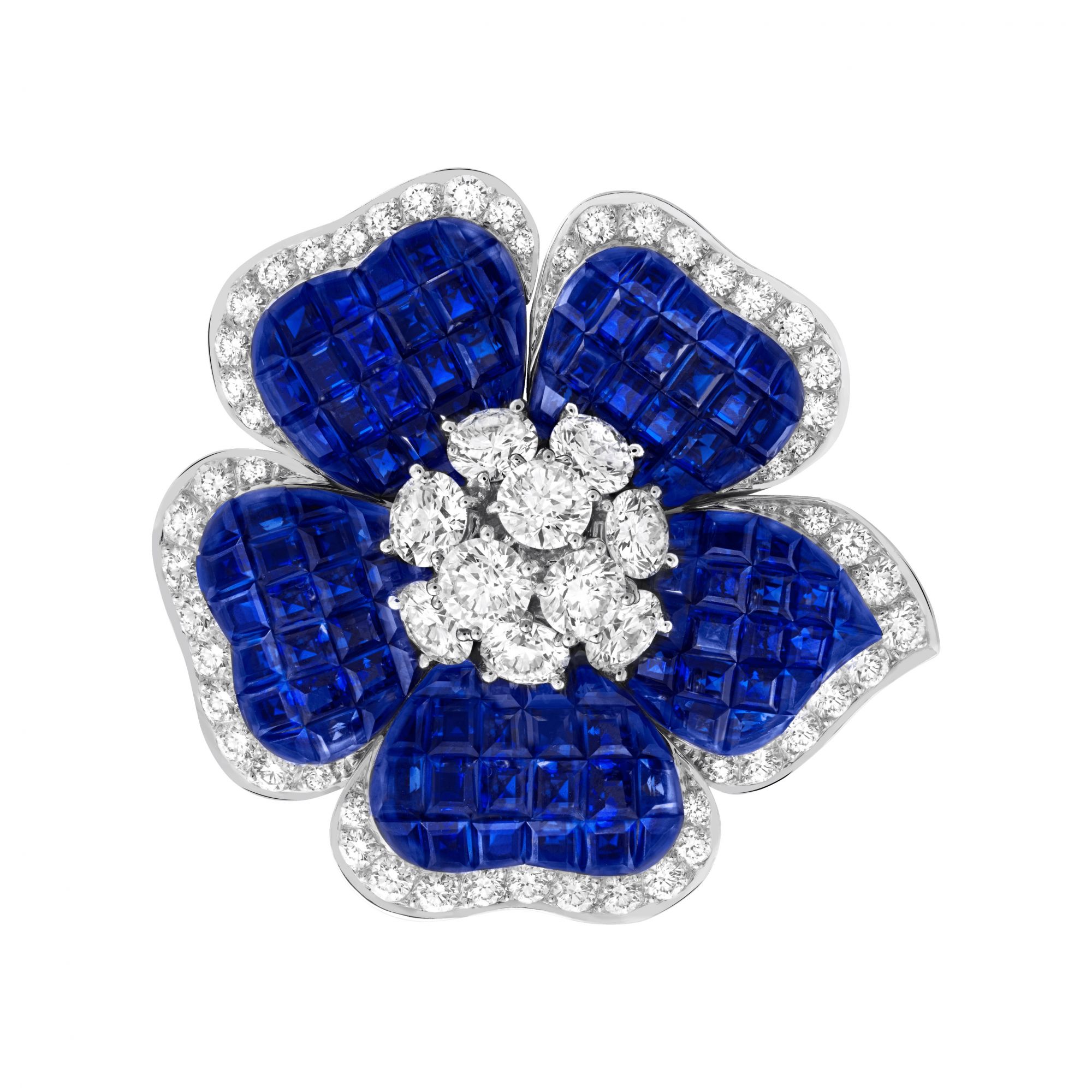 Petit Gloxinia clip. Platinum, rose gold, white gold, Traditional Mystery Set sapphires, diamonds.