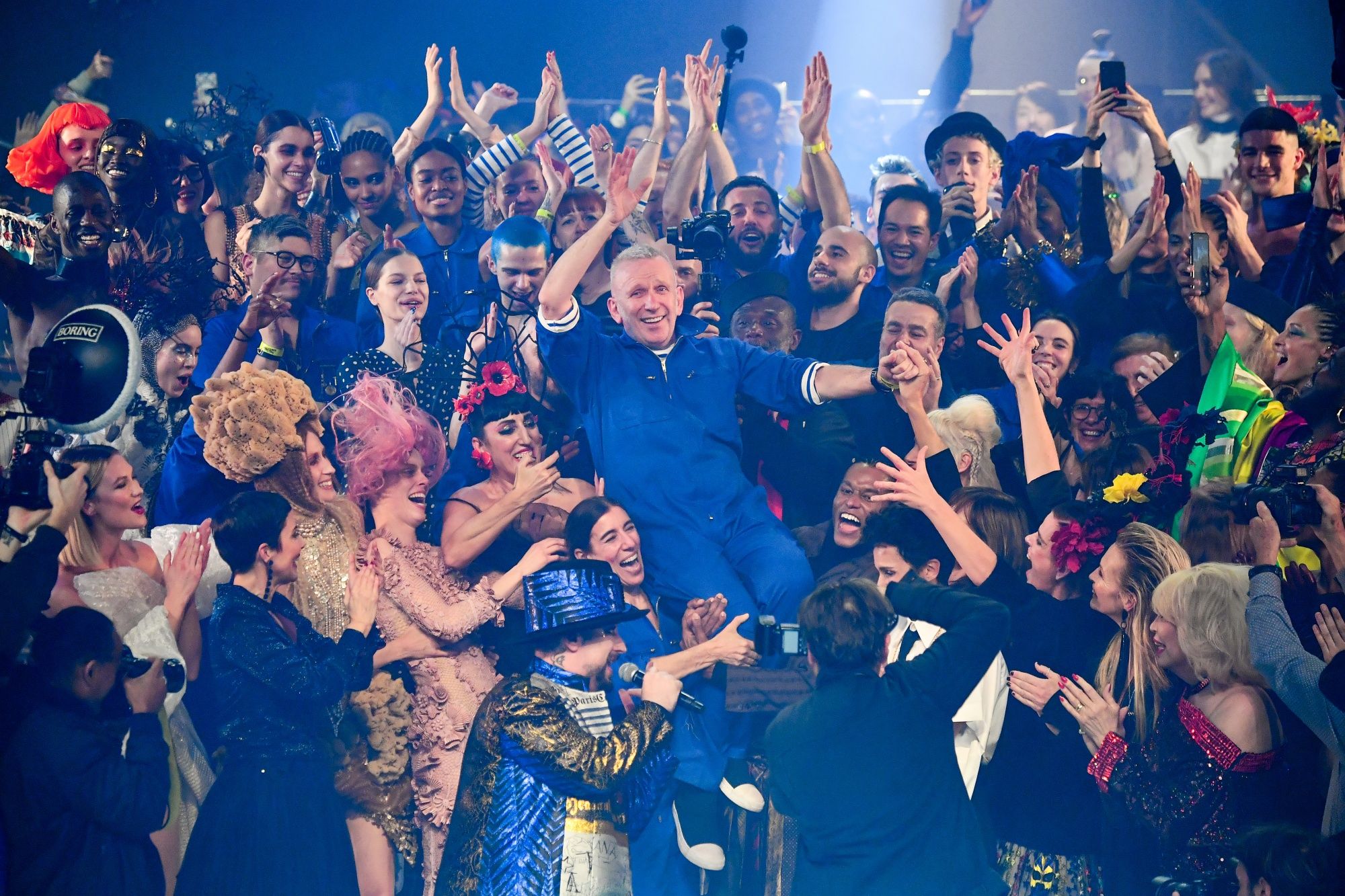 PARIS, FRANCE - JANUARY 22: (c) Jean Paul Gaultier walks the runway during the Jean-Paul Gaultier Haute Couture Spring/Summer 2020 show as part of Paris Fashion Week at Theatre Du Chatelet on January 22, 2020 in Paris, France. (Photo by Stephane Cardinale - Corbis/Corbis via Getty Images)