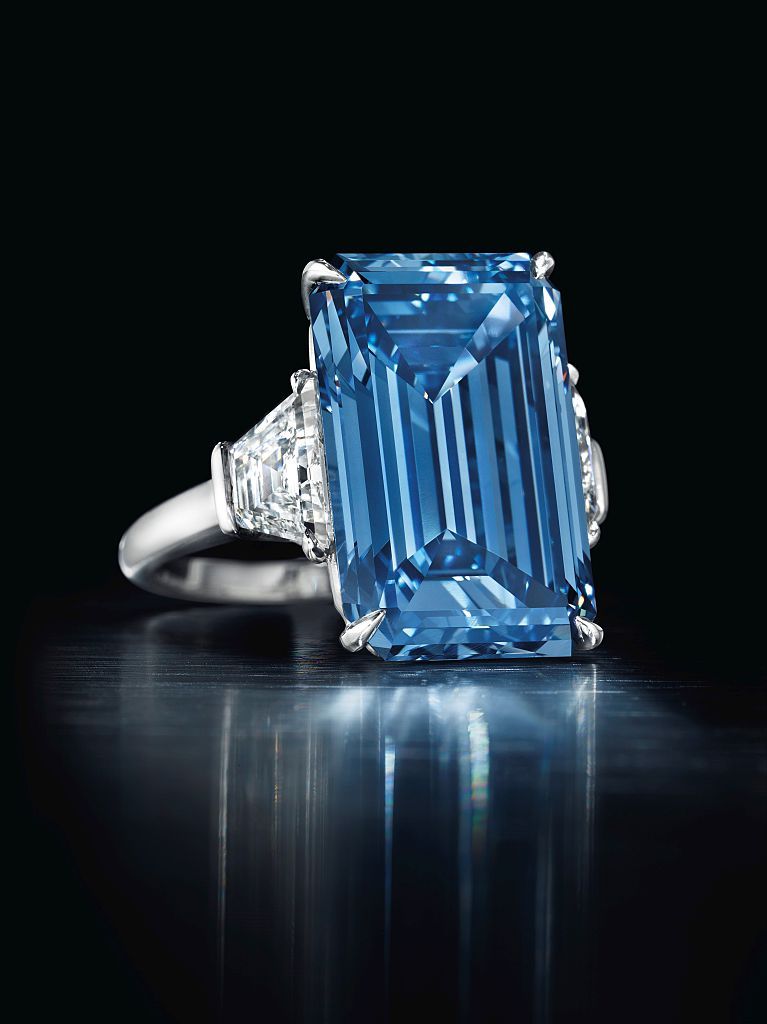 GENEVA, SWITZERLAND - MAY 18: 14.62 carats Oppenheimer vivid blue diamond, one of the world's rarest diamonds, is shown at the auction and sold for $57.5 million as it became world's most expensive ring in Geneva, Switzerland on May 18, 2016. (Photo by ©Christies Images Ltd, 2016/Anadolu Agency/Getty Images)