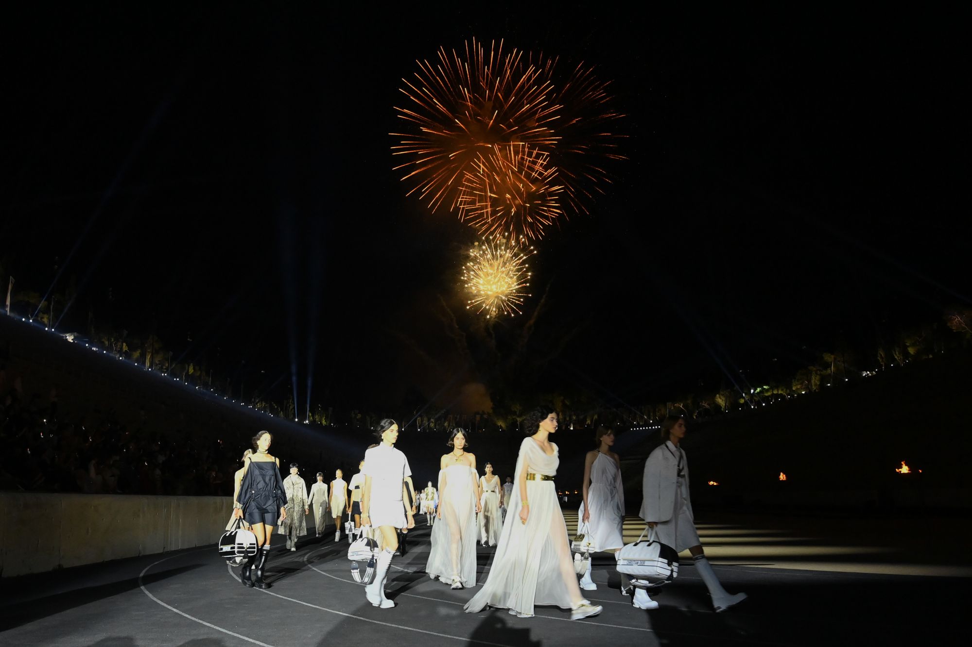 ATHENS, GREECE - JUNE 17: Models walk the runway during the Dior Cruise Collection 2022 at Panathinaiko Stadium on June 17, 2021 in Athens, Greece. (Photo by Pascal Le Segretain/Getty Images )