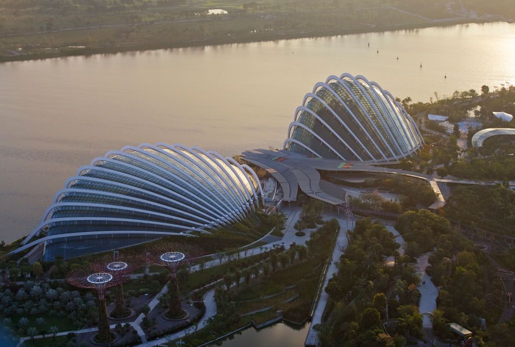 Gardens by the Bay, Singapore, Singapore. Architect: Wilkinson Eyre Architects, 2011. High angle view of climate-controlled glasshouses at dawn. (Photo by: Dennis Gilbert/View Pictures/Universal Images Group via Getty Images)