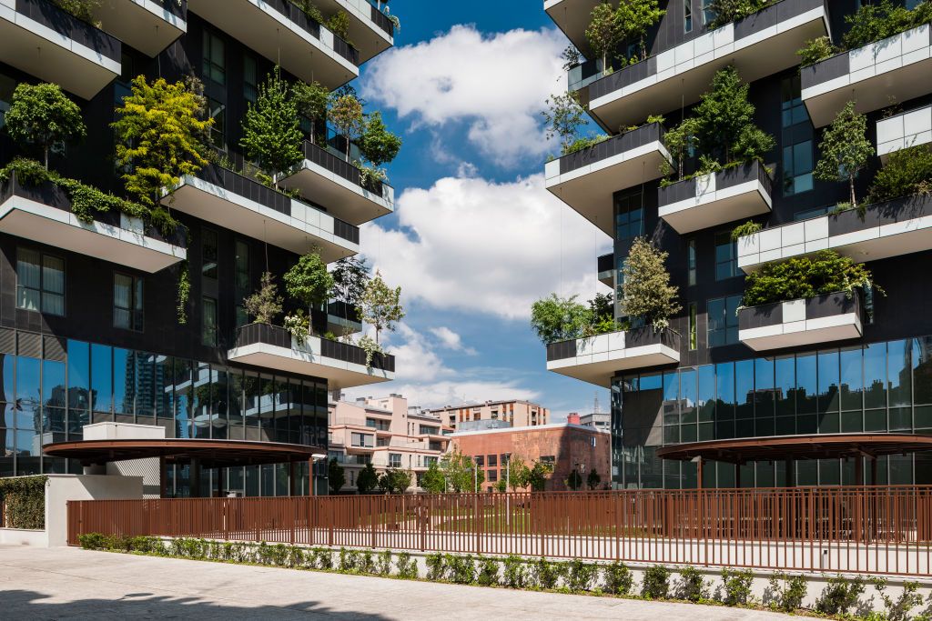 Entrance view. Vertical Forest, Milan, Italy. Architect: Stefano Boeri Architetti, 2014. (Photo by: Inigo Bujedo Aguirre/View Pictures/Universal Images Group via Getty Images)