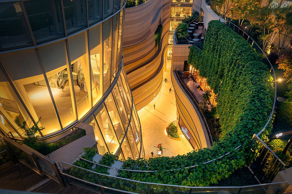 Terrace gardens, Namba Parks shopping mall at dusk, Osaka, Japan