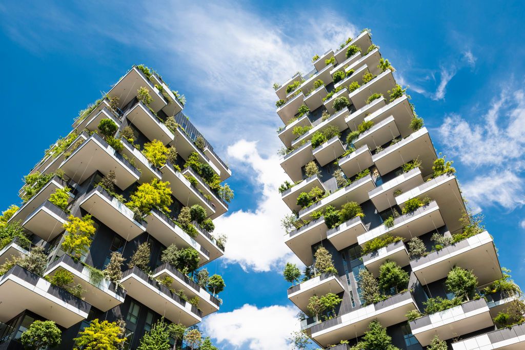 Upward view of balconies and vegetation. Vertical Forest, Milan, Italy. Architect: Stefano Boeri Architetti, 2014. (Photo by: Inigo Bujedo Aguirre/View Pictures/Universal Images Group via Getty Images)