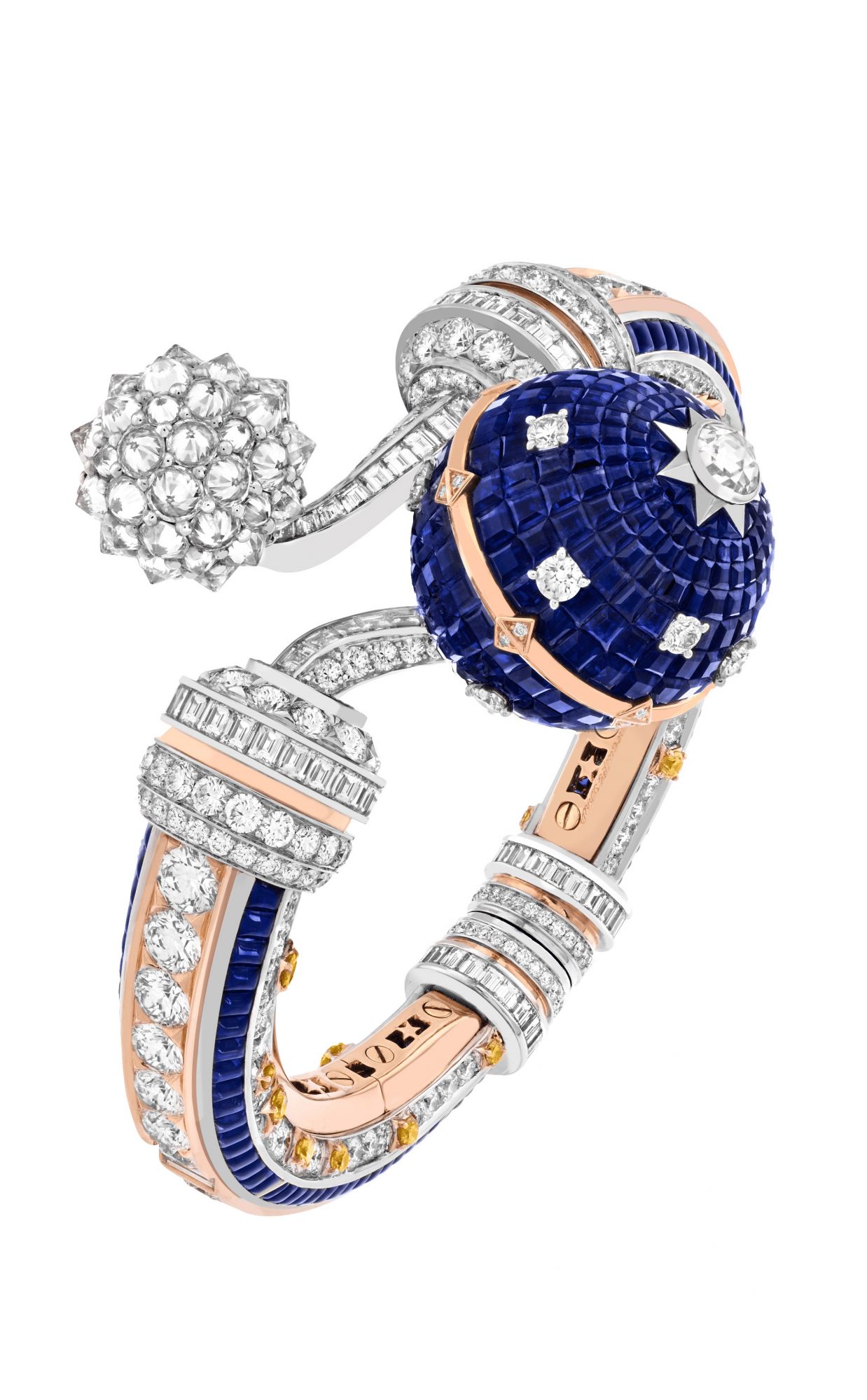 Terre et Lune bracelet. Rose gold, white gold, buff-topped and facetted Traditional Mystery Set sapphires, sapphires, yellow and white diamonds.