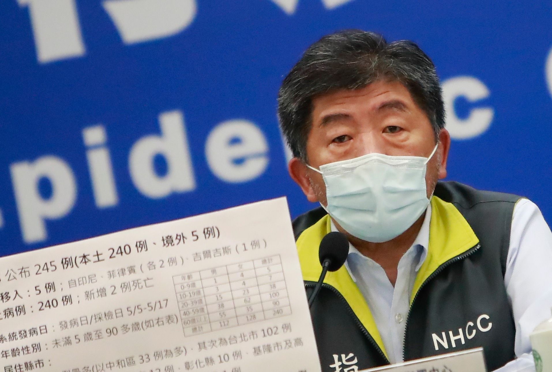 Taiwan Health Minister Chen Shih-chung says Taiwan today adds 2 deaths related to Covid-19 infection and 240 more domestic cases adding the total death toll to 14 people, during a press conference in Taipei, Taiwan, 18 May 2021 (Photo by Ceng Shou Yi/NurPhoto via Getty Images)