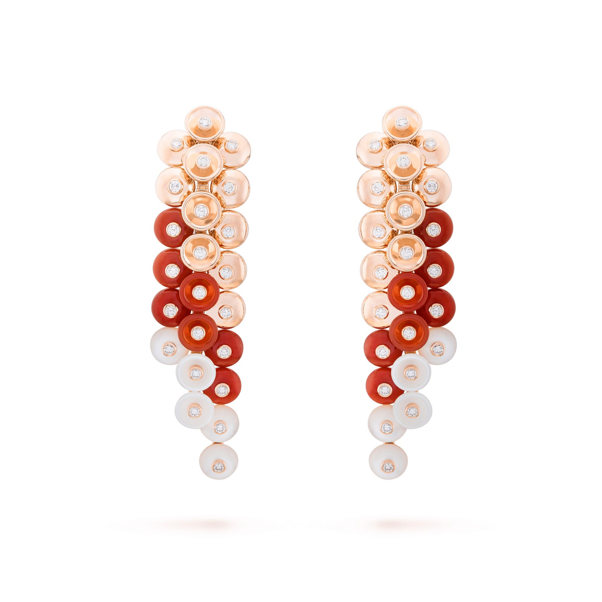 Bouton d'or earrings, rose gold, white mother-of-pearl, carnelian, round diamonds, diamond quality DEF, IF to VVS