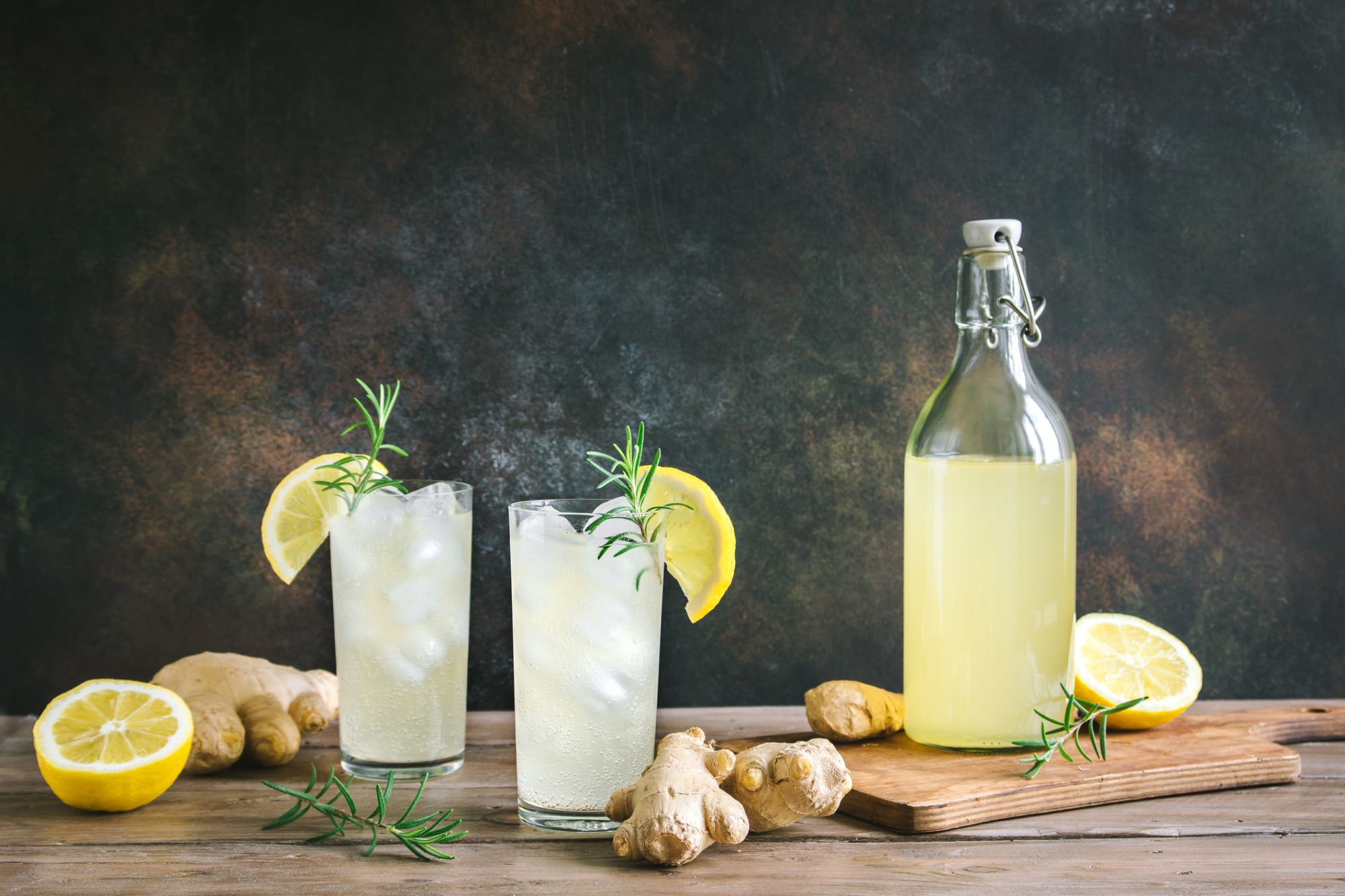 Ginger Ale or Kombucha in Bottle - Homemade lemon and ginger organic probiotic drink, copy space.