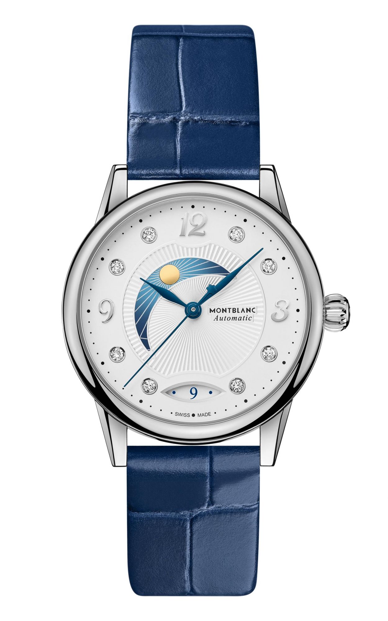 Bohème is Montblancâs key feminine product line that interprets the codes of fine watchmaking. The product line blends simplicity with timeless design and features refined complications for todayâs independent women.The Montblanc Bohème Day & Night comes in a 34 mm stainless steel case with a silver-white colored guilloché dial. The day/night indicator allows the wearer to know whether it is day or night just by glancing at the dial. The day is indicated by a light blue sky and gold-colored sun, wh