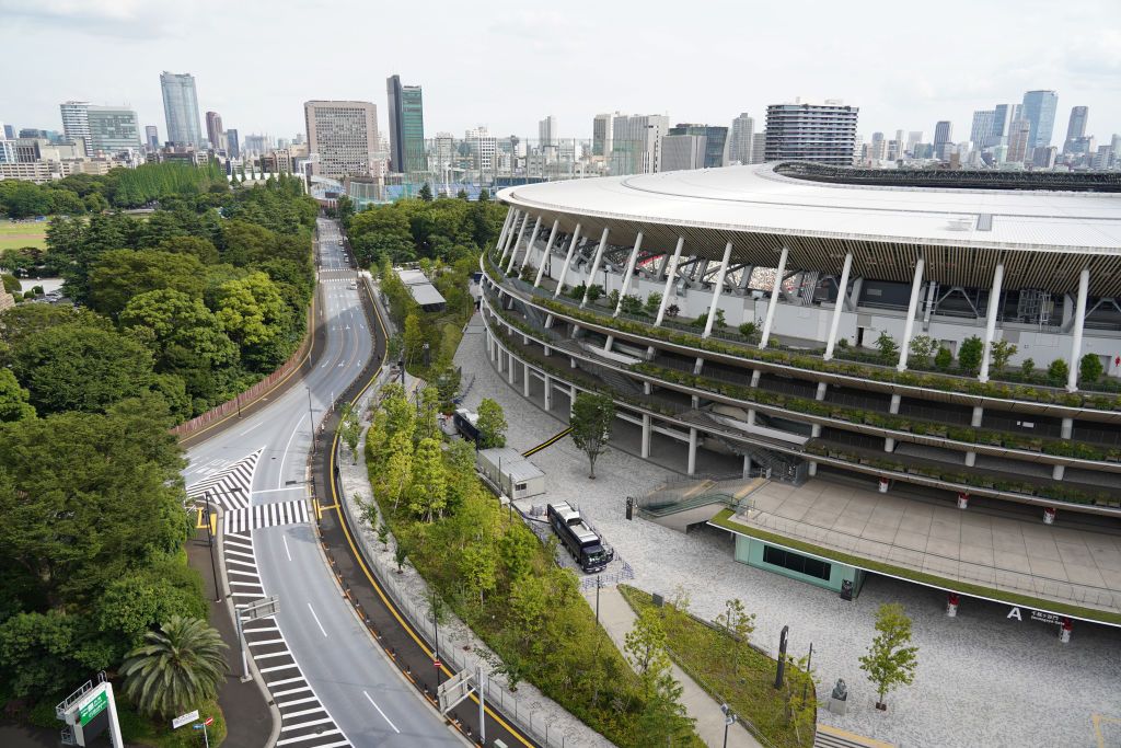 The National Stadium, the main venue for the Tokyo 2020 Olympic and Paralympic Games, is seen on the day marking 50 days to go for the Tokyo Olympic Games on June 3, 2021 in Tokyo, Japan. (Photo by Jinhee Lee/NurPhoto via Getty Images)