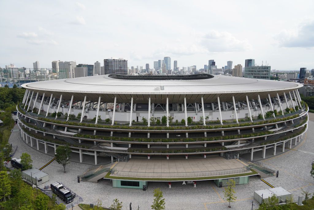 The National Stadium, the main venue for the Tokyo 2020 Olympic and Paralympic Games, is seen on the day marking 50 days to go for the Tokyo Olympic Games on June 3, 2021 in Tokyo, Japan. (Photo by Jinhee Lee/NurPhoto via Getty Images)