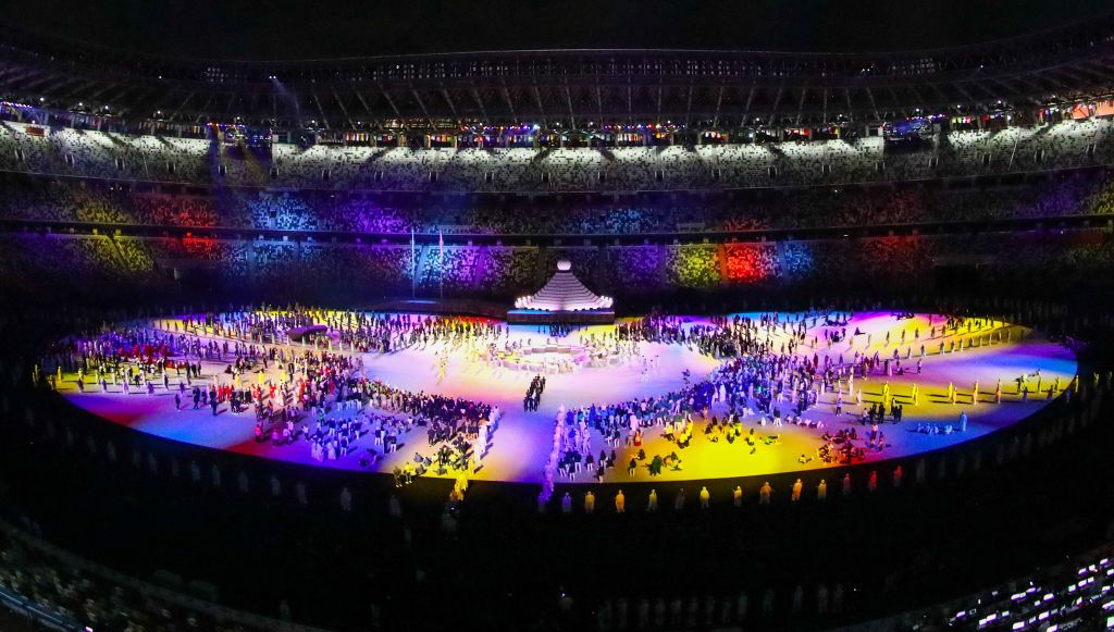 TOKYO, JAPAN JULY 23, 2021: The opening ceremony of the Tokyo 2020 Summer Olympic Games at the National Stadium. Tokyo was to host the 2020 Summer Olympics from 24 July to 9 August 2020, however because of the COVID-19 pandemic the games have been postponed for a year and are due to take place from 23 July to 8 August 2021. Sergei Bobylev/TASS (Photo by Sergei Bobylev\TASS via Getty Images)