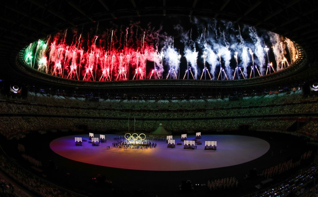 TOKYO, JAPAN JULY 23, 2021: Fireworks go off over the National Stadium during the opening ceremony of the Tokyo 2020 Summer Olympic Games. Tokyo was to host the 2020 Summer Olympics from 24 July to 9 August 2020, however because of the COVID-19 pandemic the games have been postponed for a year and are due to take place from 23 July to 8 August 2021. Sergei Bobylev/TASS (Photo by Sergei Bobylev\TASS via Getty Images)