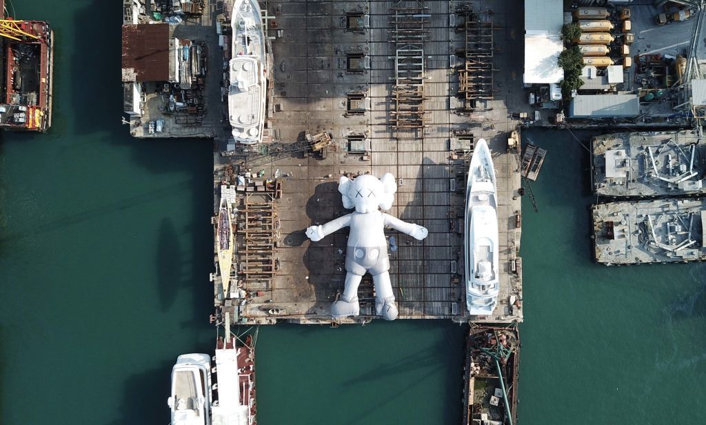 HONGKONG, CHINA - MARCH 12: (CHINA MAINLAND OUT)KAWS' new work COMPANION was exhibited at Tsing Yi shipyard on 12 March, 2019 in Hongkong,China.(Photo by TPG/Getty Images)