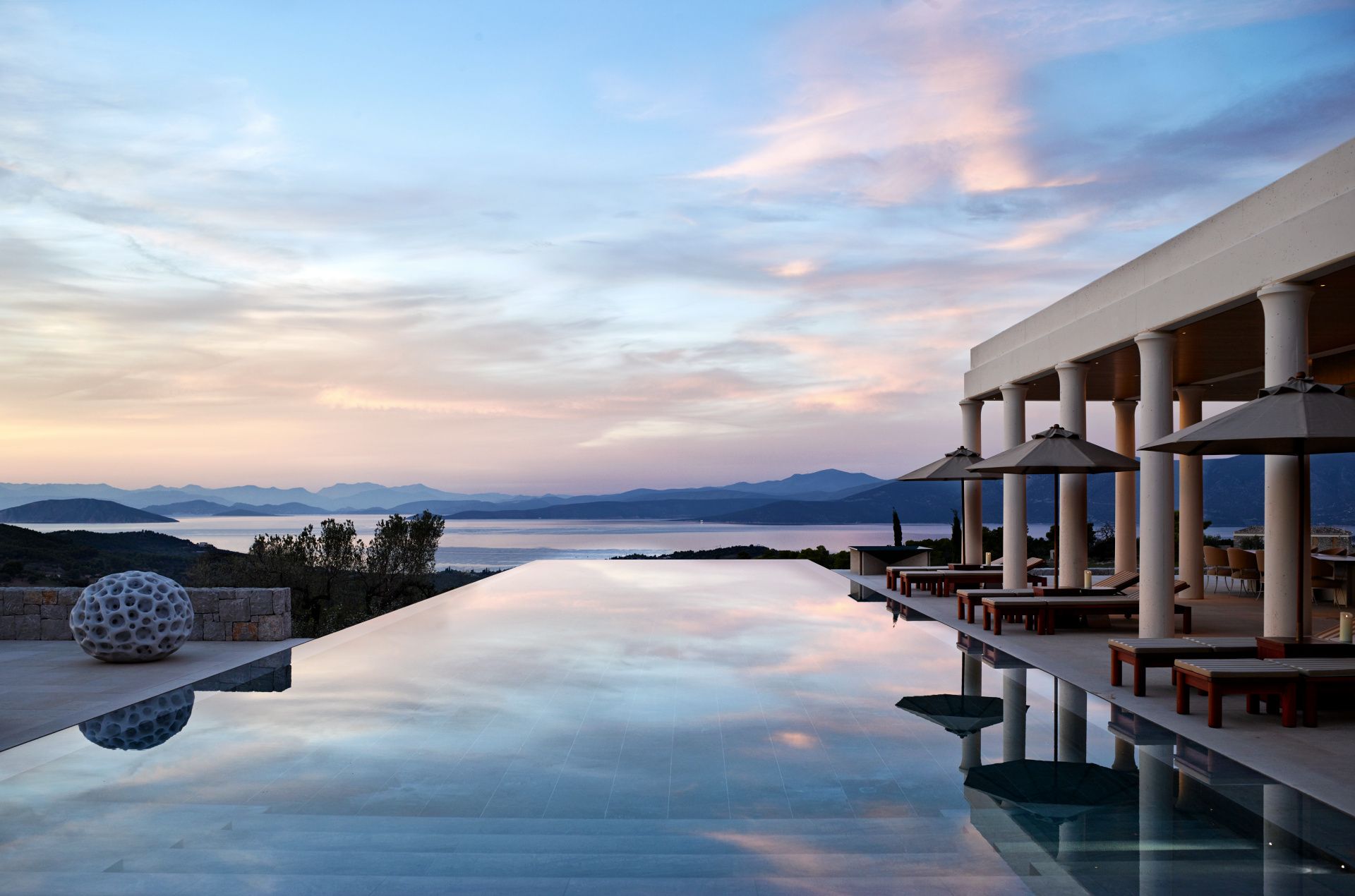Amanzoe, Greece - Accommodation, Villas, Villa 20, Swimming pool, View, Sunset