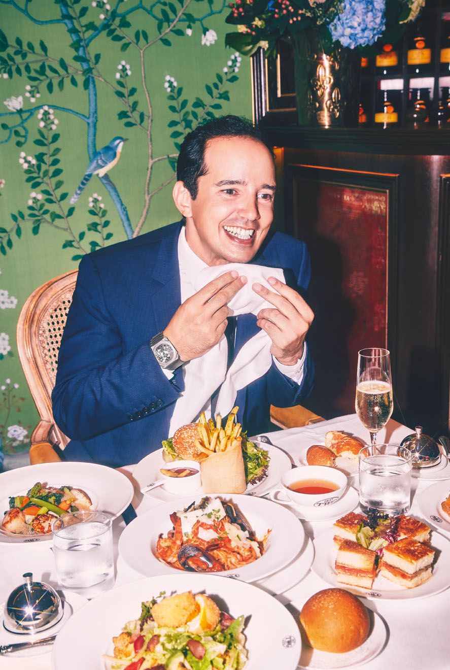 Taha wears Octo Finissimo Automatic Tourbillon watch in titanium by Bvlgari; his own suit