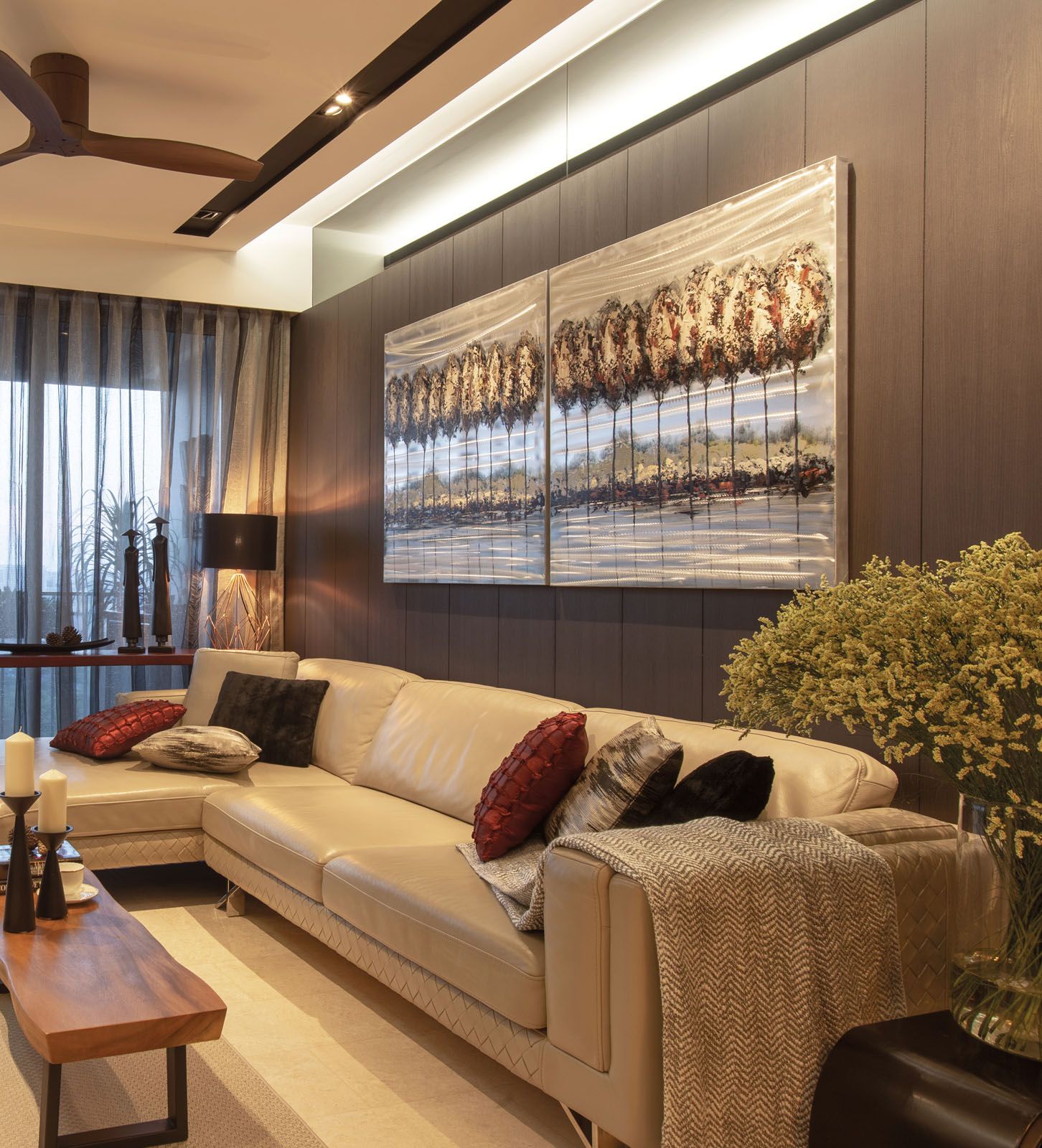 A Signature series fan in a walnut grain finish fits beautifully with the home's nature-inspired design scheme