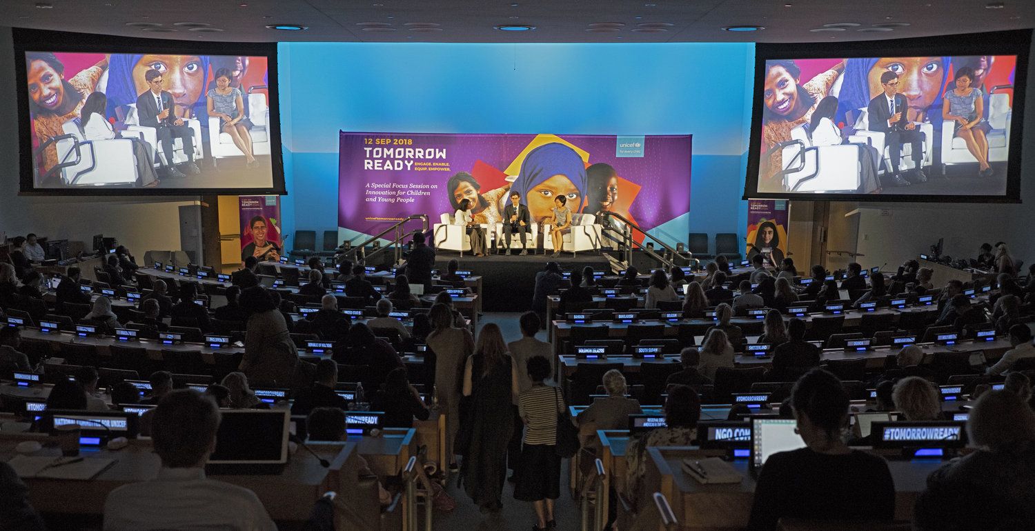 On 12 September 2018 at United Nations Headquarters, (L-R) Education Activist Hannah Godefa, Wired Editor-in-Chief Nicholas Thompson and CEO and lead Data Scientist of Thinking Machine Data Science Stephanie Sy during a special focus session on innovating for children and young people at the Second Regular Session of the 2018 UNICEF Executive Board.The 2018 Second Regular Session of the UNICEF Executive Board is held from 12-14 September 2018 and includes a special focus session on innovating for children