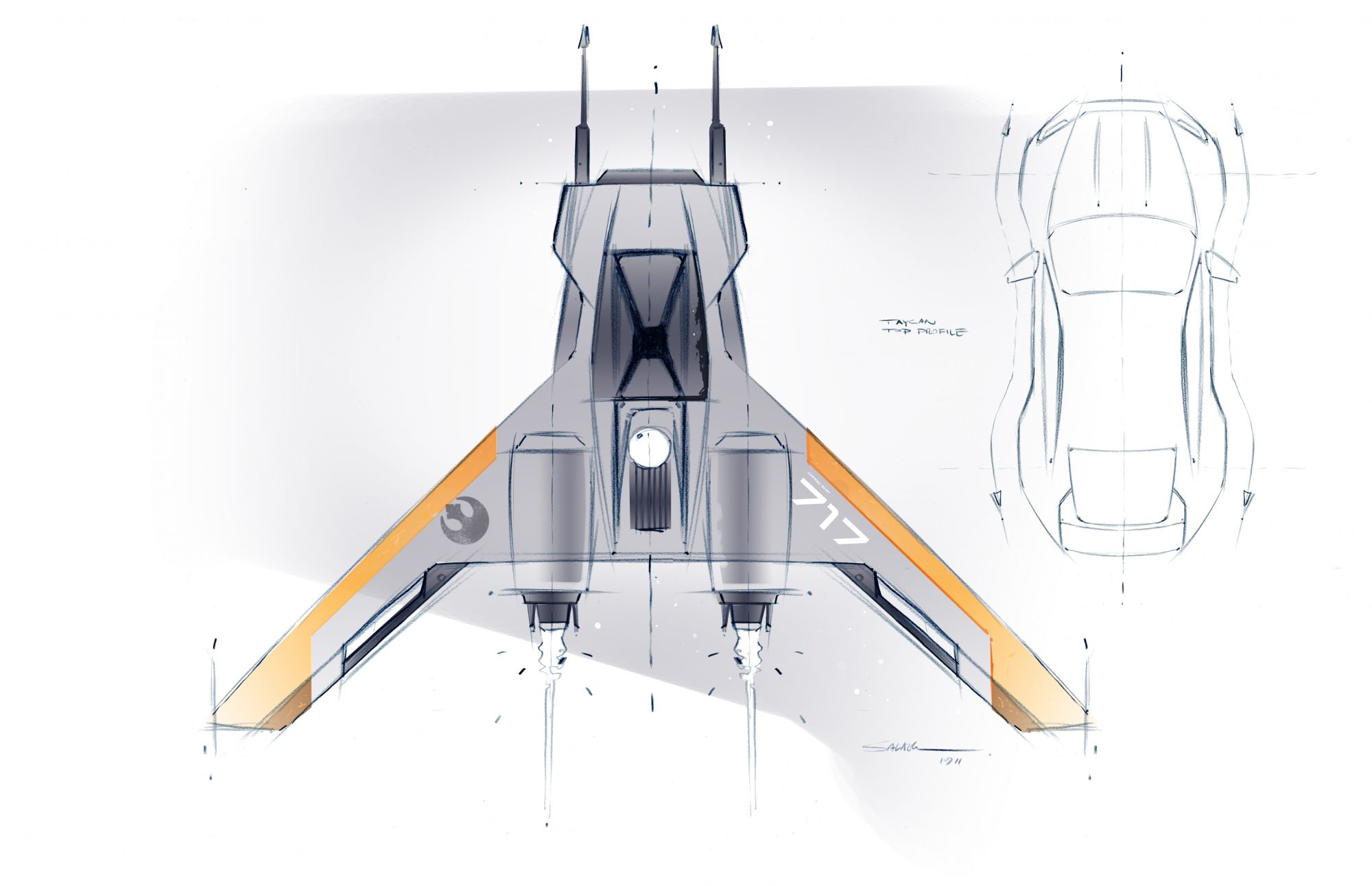 A sketch of the jointly designed starship, which will appear in the final Star Wars episode, premiering worldwide later this month