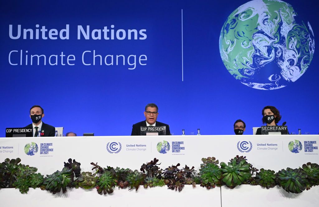 COP26 President Alok Sharma (C) speaks during an informal plenary stocktake on day 14 of COP26 at SECC on November 13, 2021 in Glasgow, Scotland. On day fourteen of the 2021 COP26 climate summit in Glasgow the focus is on delegations' negotiations to agree the final text for the COP26 Agreement. This is the 26th "Conference of the Parties" and represents a gathering of all the countries signed on to the U.N. Framework Convention on Climate Change and the Paris Climate Agreem