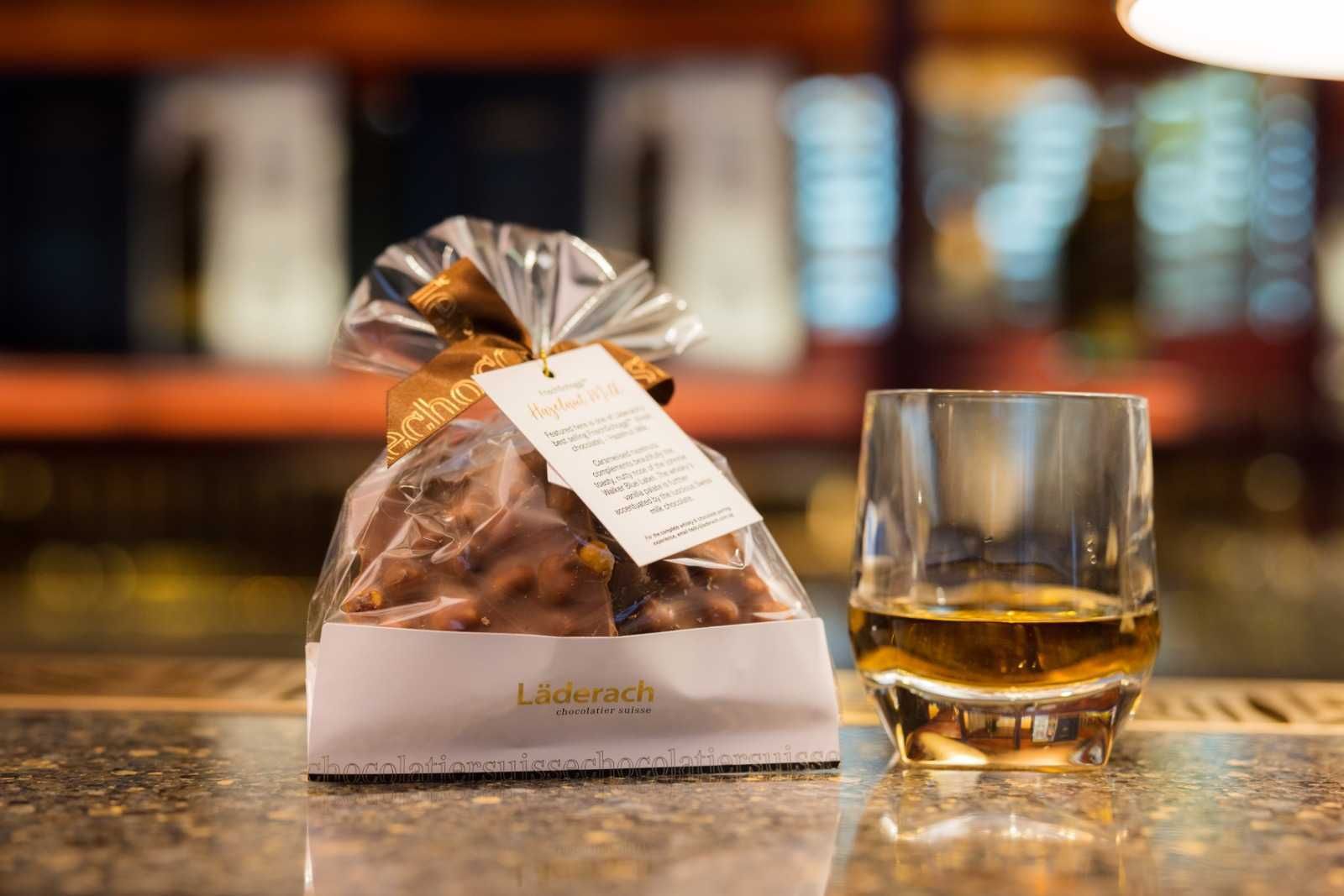 Läderach chocolate and Johnnie Walker Blue Label were served as pairings for the evening's dinner menu