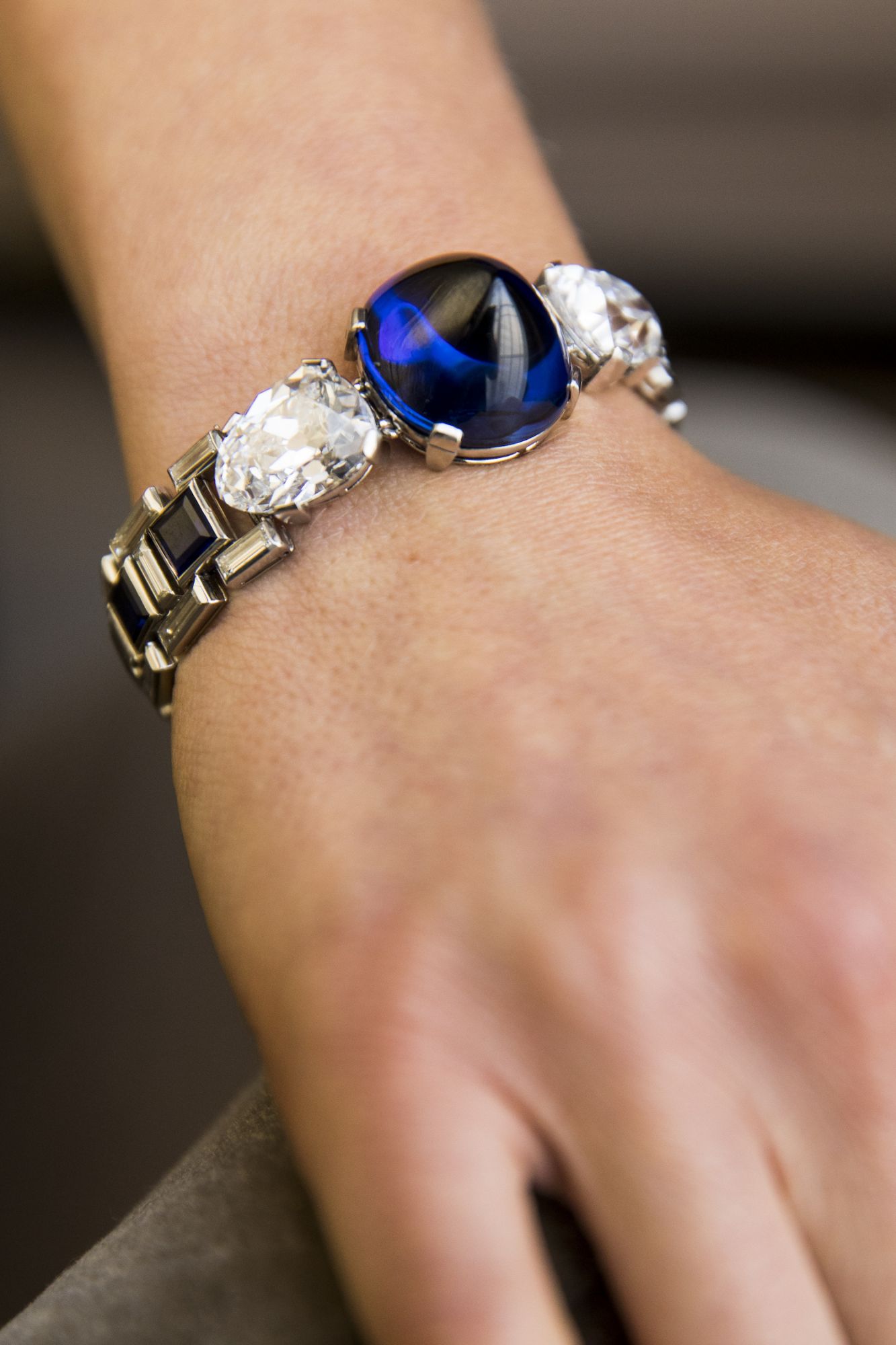 LONDON, ENGLAND - OCTOBER 15: An Art Deco bracelet made by Cartier in 1927 and set with a 46.07 carats Burmese cabochon sapphire (estimated at $2-3m) goes on view at Sotheby's on October 17, 2019 in London, England. The bracelet will be auctioned in Geneva on 13 November 2019.(Photo by Tristan Fewings/Getty Images for Sotheby's)