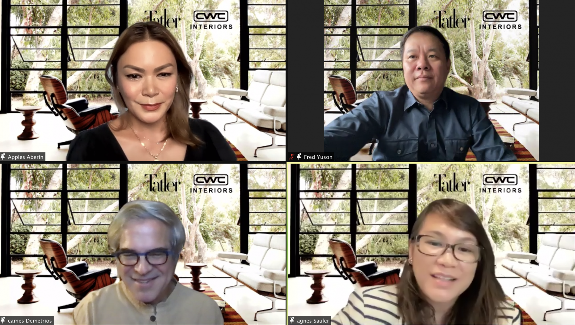 (Clockwise): Apples Aberin, Fred Yulo, Agnes Sauler, Eames Demetrios | Screencap from Tatler Philippines Private Zoom Event: 'At Home With A Classic'
