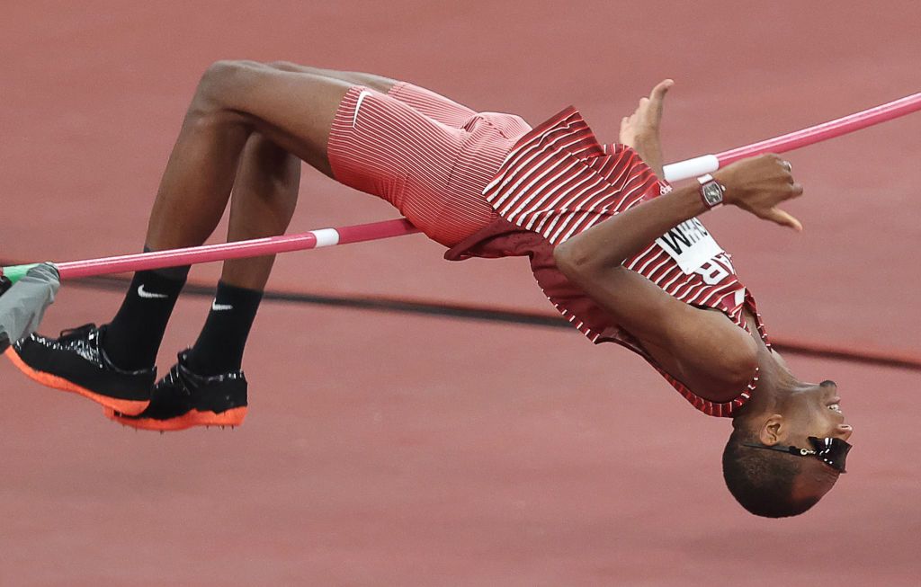 TOKYO, JAPAN - AUGUST 1, 2021: Qatar's Mutaz Essa Barshim competes in the mens high jump final athletics event during the 2020 Summer Olympic Games at the Japan National Stadium. Valery Sharifulin/TASS (Photo by Valery Sharifulin\TASS via Getty Images)