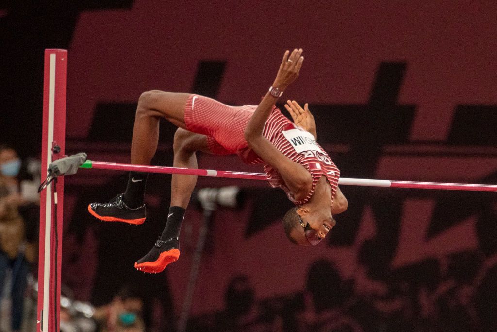 TOKYO, JAPAN August 1: Mutaz Essa Barshim of Qatar in action while winning the joint gold medal in the high jump competition for men during the Track and Field competition at the Olympic Stadium at the Tokyo 2020 Summer Olympic Games on July 31, 2021 in Tokyo, Japan. (Photo by Tim Clayton/Corbis via Getty Images)