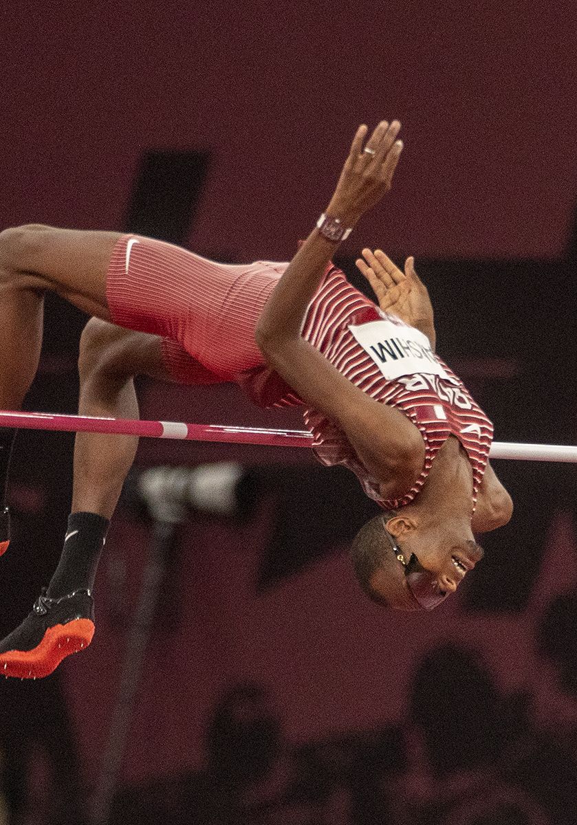 TOKYO, JAPAN August 1: Mutaz Essa Barshim of Qatar in action while winning the joint gold medal in the high jump competition for men during the Track and Field competition at the Olympic Stadium at the Tokyo 2020 Summer Olympic Games on July 31, 2021 in Tokyo, Japan. (Photo by Tim Clayton/Corbis via Getty Images)