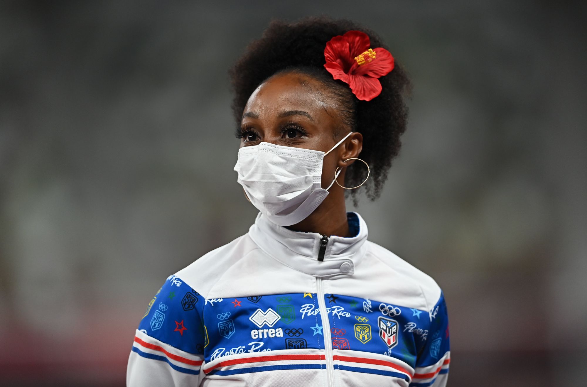 Tokyo , Japan - 2 August 2021; Gold medalist Jasmine Camacho-Quinn of Puerto Rico during the Women's 100 metre Hurdles Victory Ceremony at the Olympic Stadium on day ten of the 2020 Tokyo Summer Olympic Games in Tokyo, Japan. (Photo By Ramsey Cardy/Sportsfile via Getty Images)