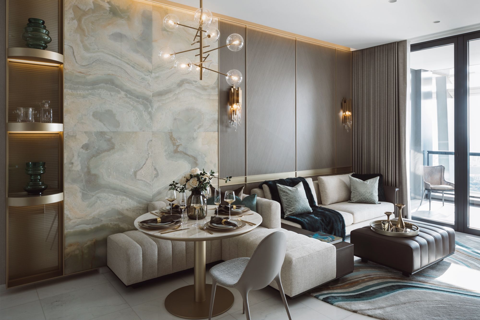 The luxe living area of the Day unit designed for South Beach Residences