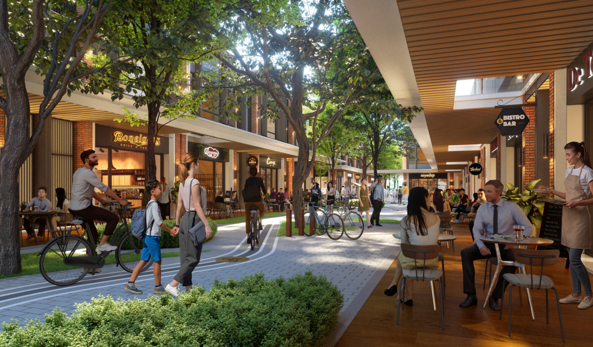 Dedicated bike lanes allow safe access to cyclists throughout the Gardens Square