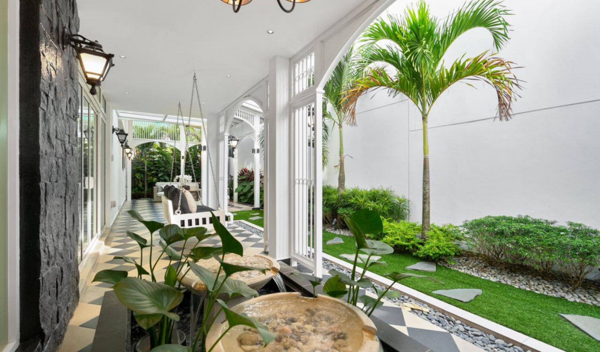 A swing adds a cozy feel to the patio