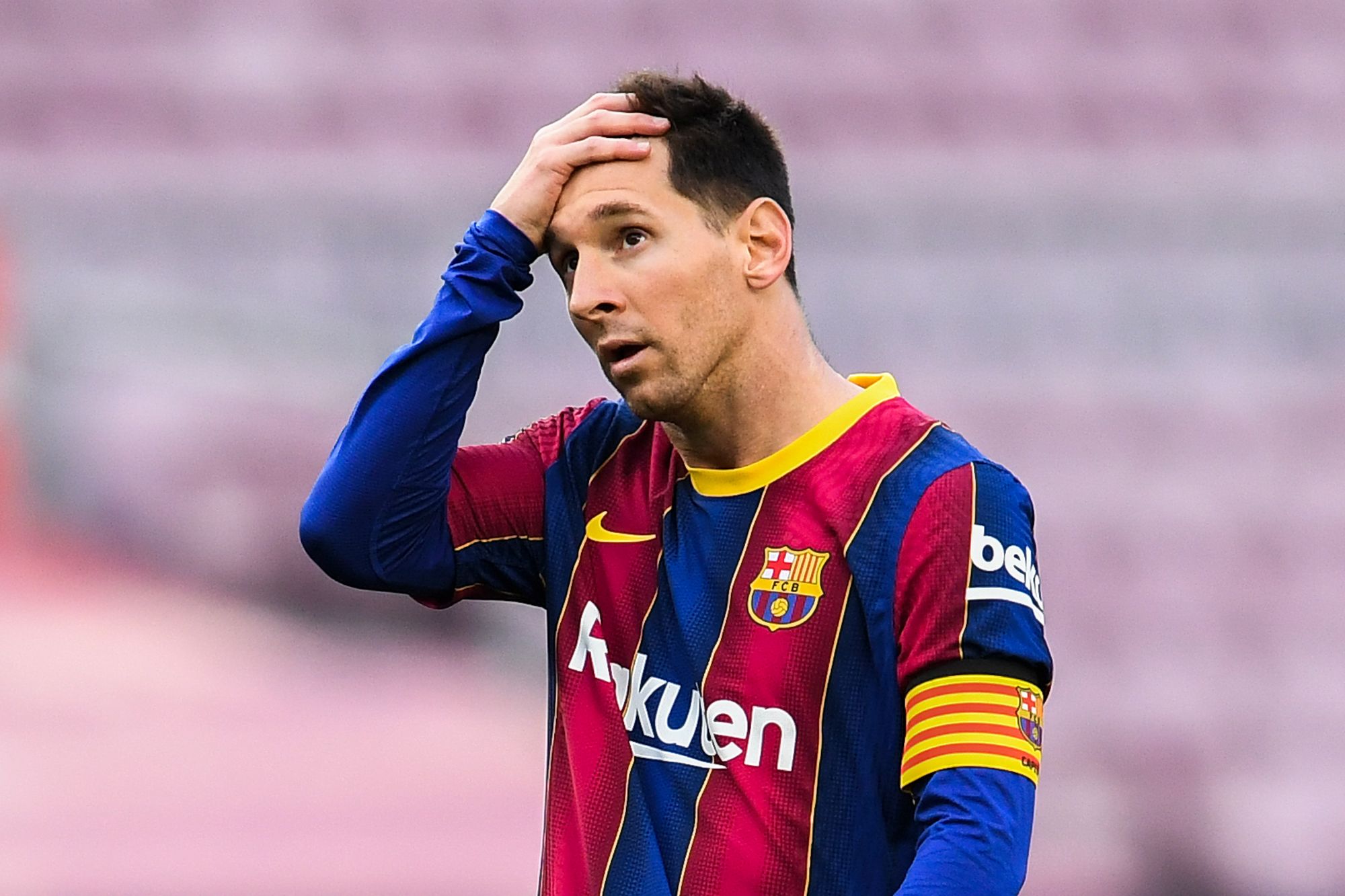 BARCELONA, SPAIN - MAY 16: Lionel Messi of FC Barcelona shows his dejection during the La Liga Santander match between FC Barcelona and RC Celta at Camp Nou on May 16, 2021 in Barcelona, Spain. Sporting stadiums around Spain remain under strict restrictions due to the Coronavirus Pandemic as Government social distancing laws prohibit fans inside venues resulting in games being played behind closed doors. (Photo by David Ramos/Getty Images)