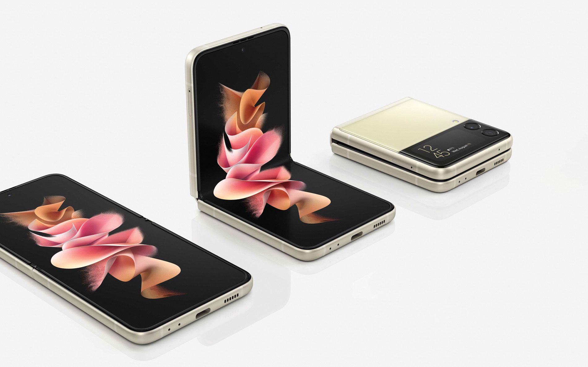 The many looks of the Galaxy Z Flip 3 seen as it is unfolded and folded into its compact form.
