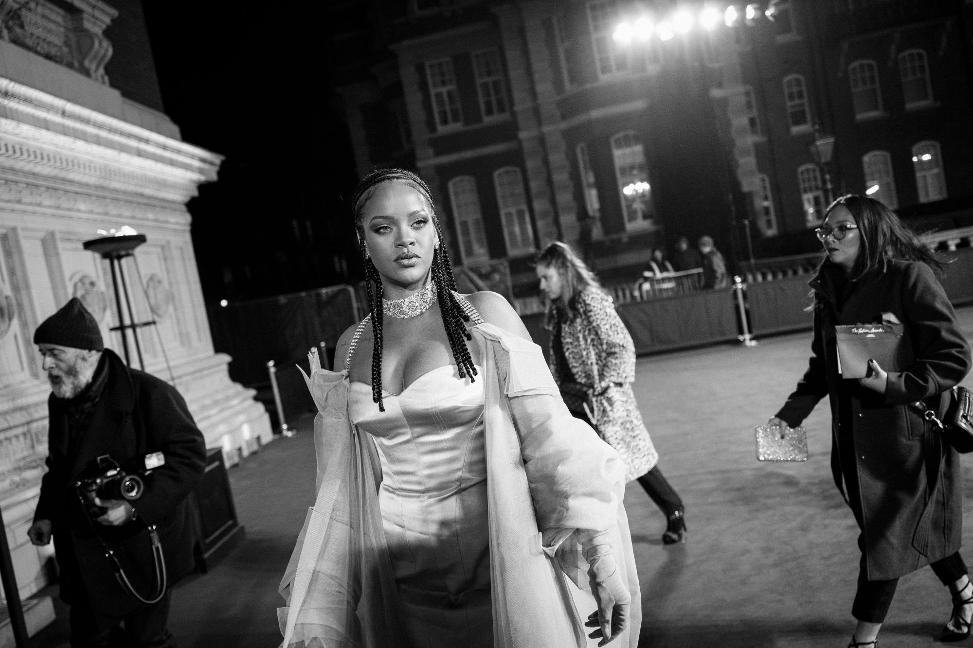 LONDON, ENGLAND - DECEMBER 02: (EDITORS NOTE) This Image has been converted to black and white) Rihanna arrives at The Fashion Awards 2019 held at Royal Albert Hall on December 02, 2019 in London, England. (Photo by Gareth Cattermole/BFC/Getty Images)