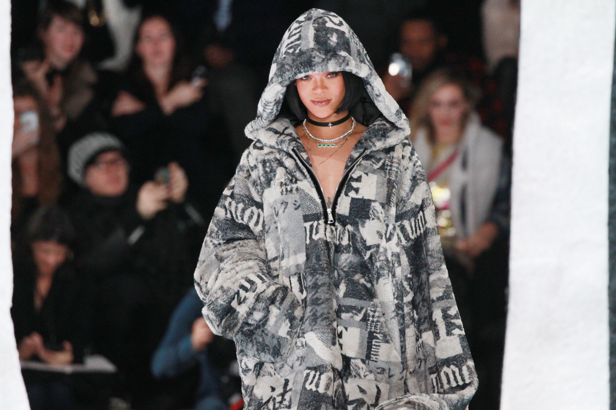 NEW YORK, NY - FEBRUARY 12: Rihanna walks the runway during the FENTY x PUMA by Rihanna show as a part of Fall 2016 New York Fashion Week at 23 Wall Street on February 12, 2016 in New York City. (Photo by Antonio de Moraes Barros Filho/FilmMagic)
