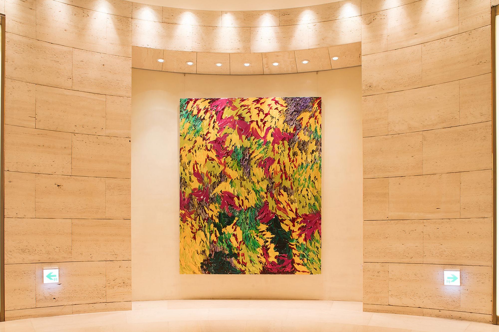 Kim uses vivid hues and the impasto painting technique to create vibrant textural artworks, such as this one at the Shinsegae Gallery in Seoul, South Korea