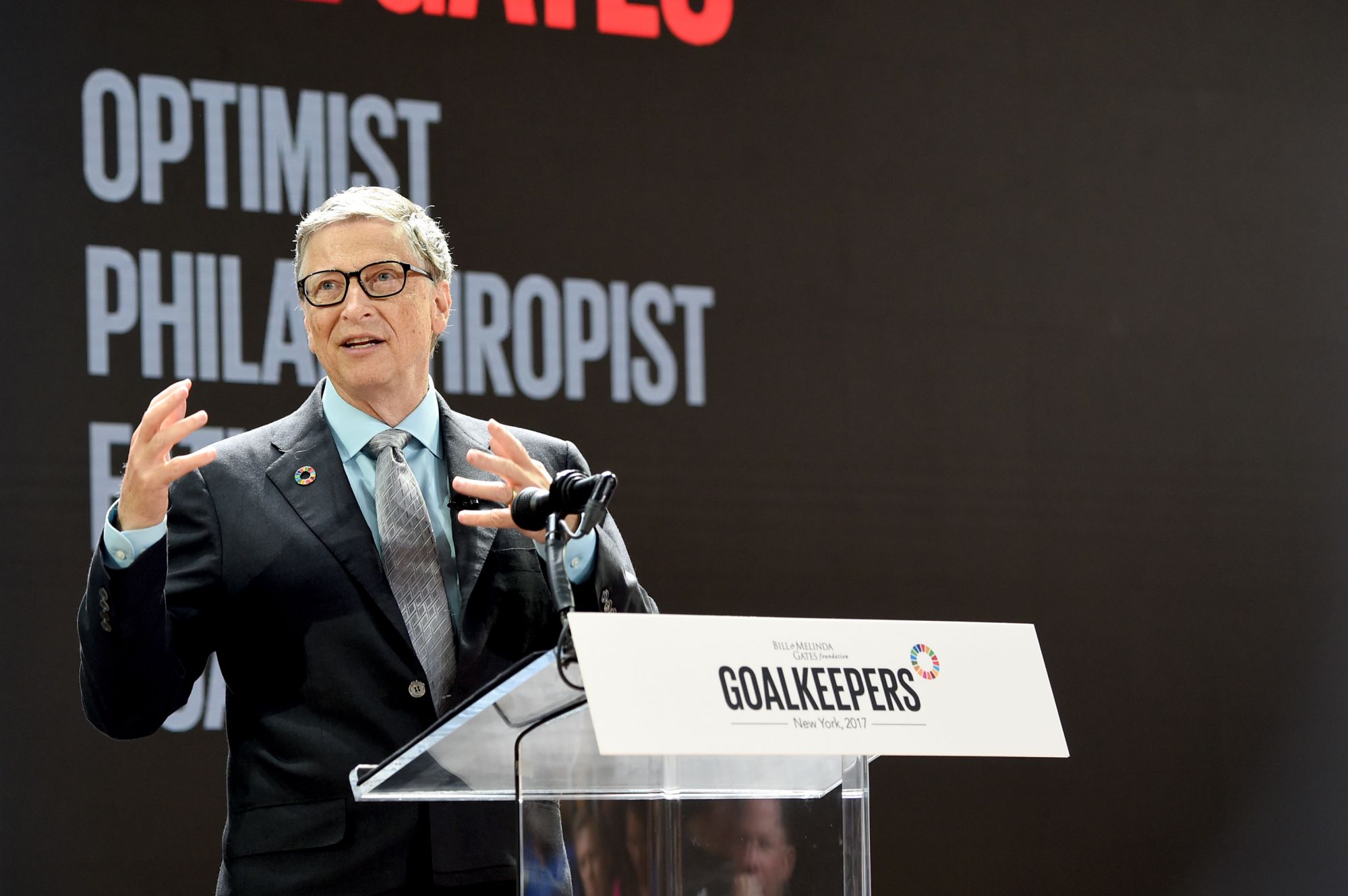 NEW YORK, NY - SEPTEMBER 20: Bill & Melinda Gates Foundation co-founder Bill Gates speaks at Goalkeepers 2017, at Jazz at Lincoln Center on September 20, 2017 in New York City. Goalkeepers is organized by the Bill & Melinda Gates Foundation to highlight progress against global poverty and disease, showcase solutions to help advance the Sustainable Development Goals (or Global Goals) and foster bold leadership to help accelerate the path to a more prosperous, healthy and just future. (Photo by Jamie McCar