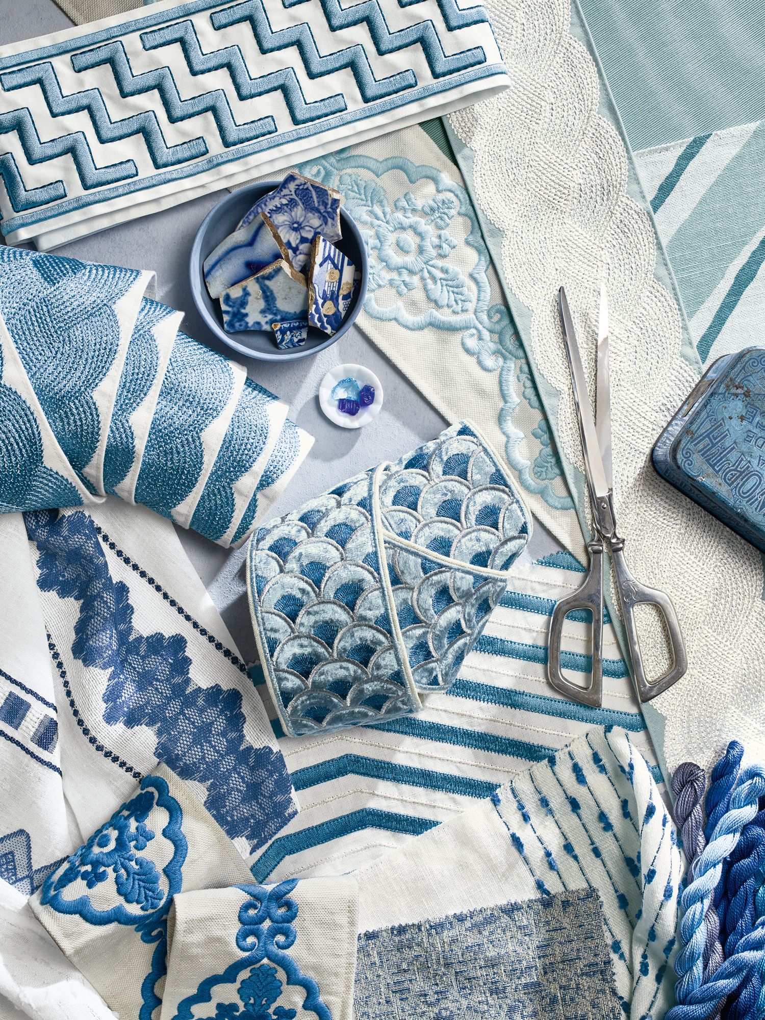 Blue embroidered trimmings from the Travers 2020 collection, available from Cetec