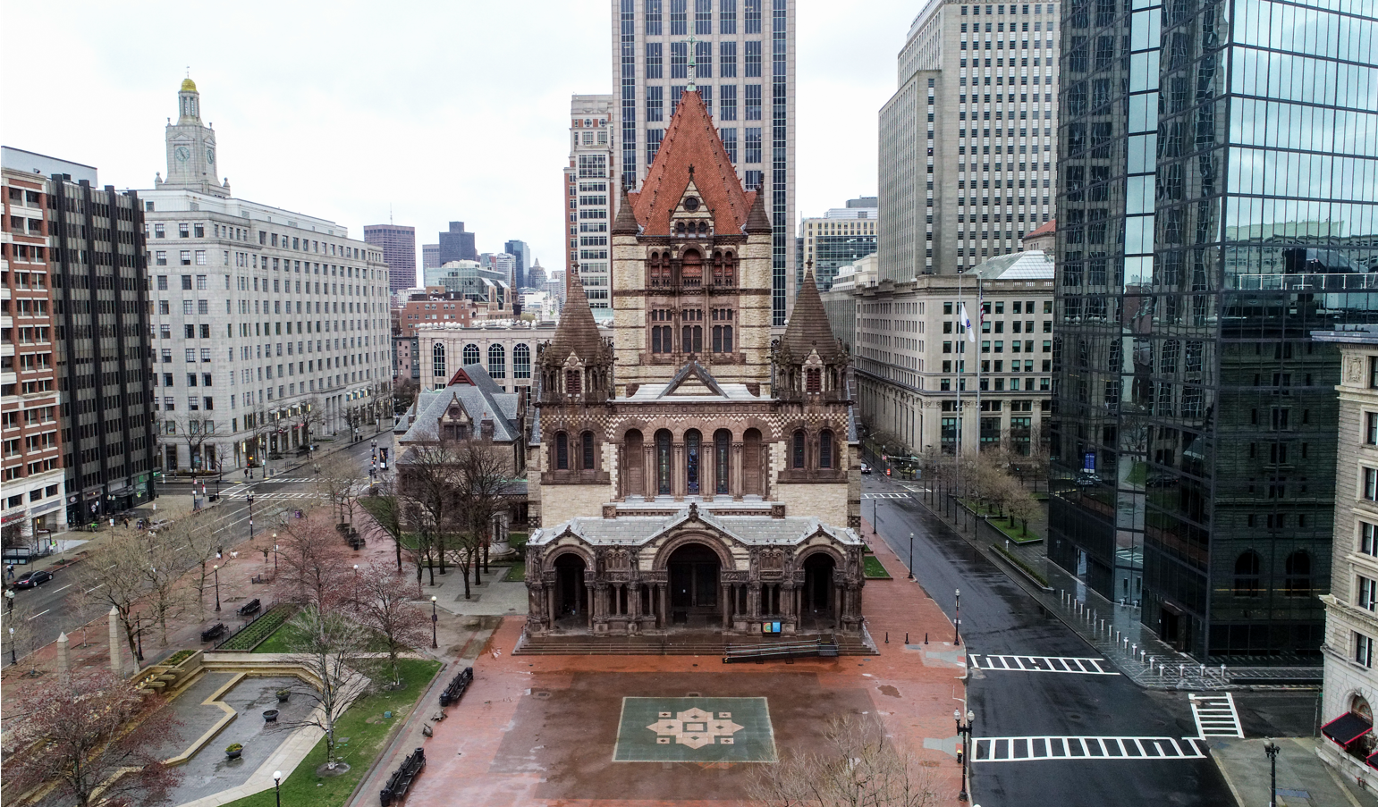 BOSTON, MA - APRIL 18: An aerial view of Trinity Church in Boston's Copley Square on April 17, 2020. (Photo by Blake Nissen for The Boston Globe via Getty Images)