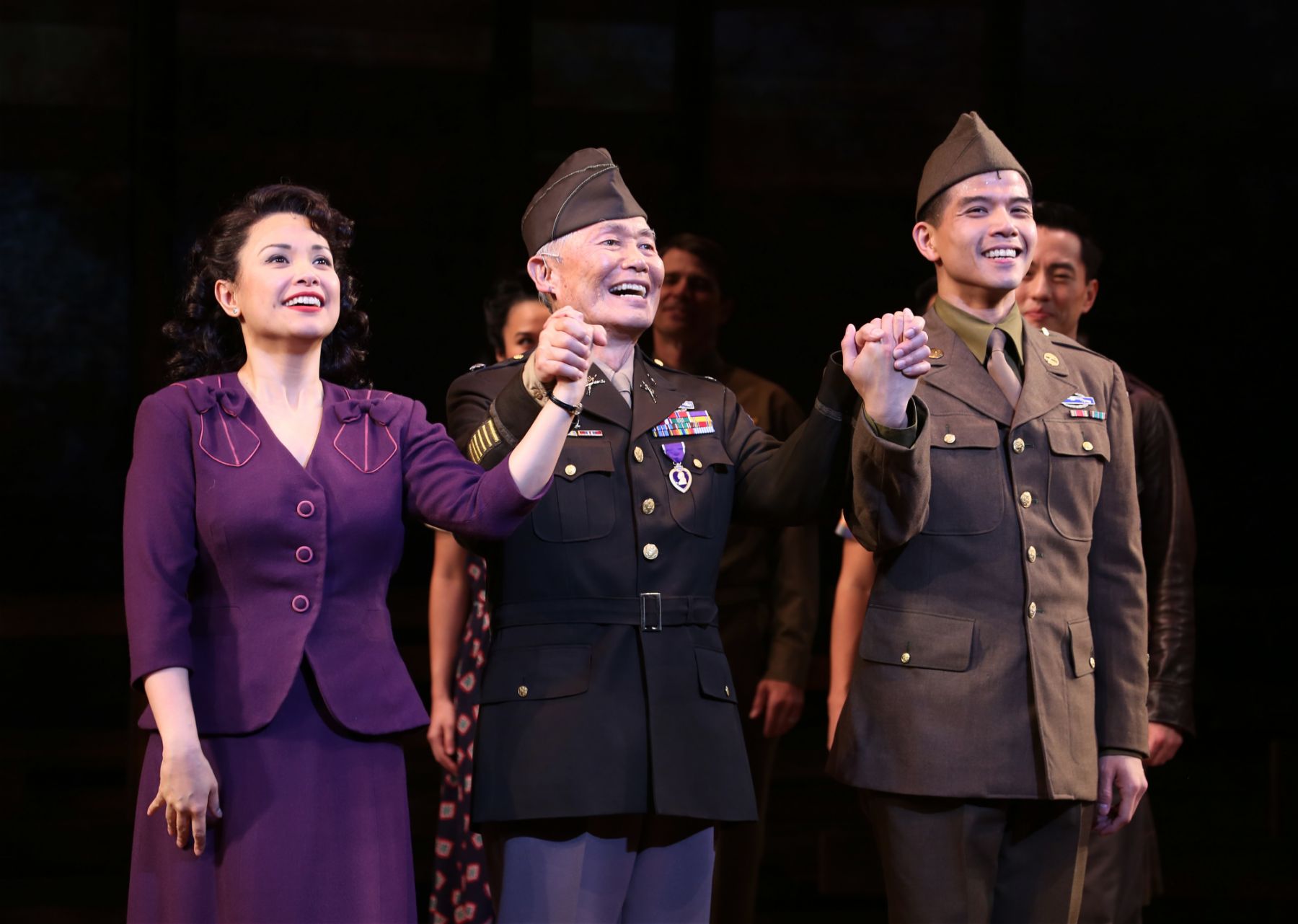 NEW YORK, NY - NOVEMBER 08: Lea Salonga, George Takei and Telly Leung during the Broadway opening night Curtain Call bows for 'Allegiance' at The Longacre Theatre on November 8, 2015 in New York City. (Photo by Walter McBride/WireImage)