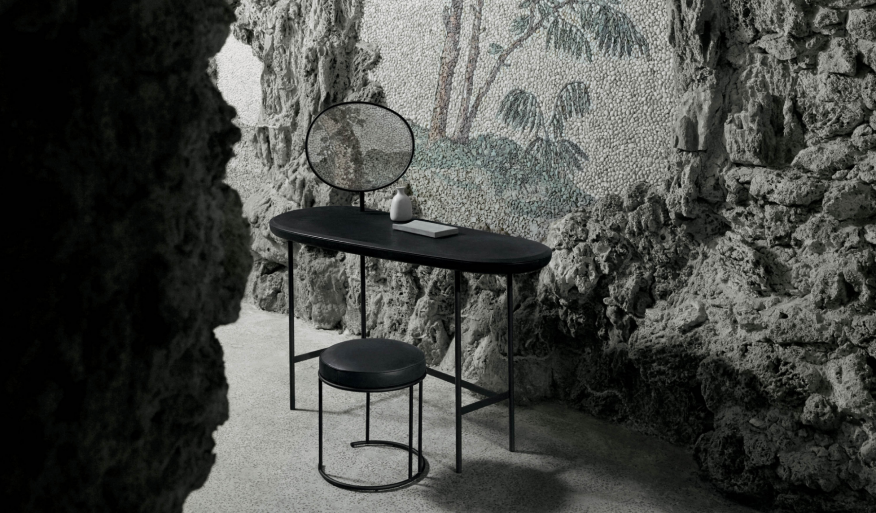 The lovely Pebbles vanity table from Living Divani elevates daily rituals, available from Space Furniture