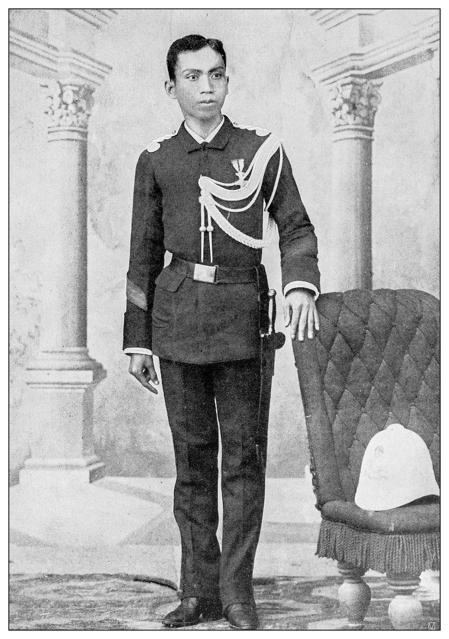 Antique black and white photograph of people from islands in the Caribbean and in the Pacific Ocean; Cuba, Hawaii, Philippines and others: General Emilio Aguinaldo, Philippines