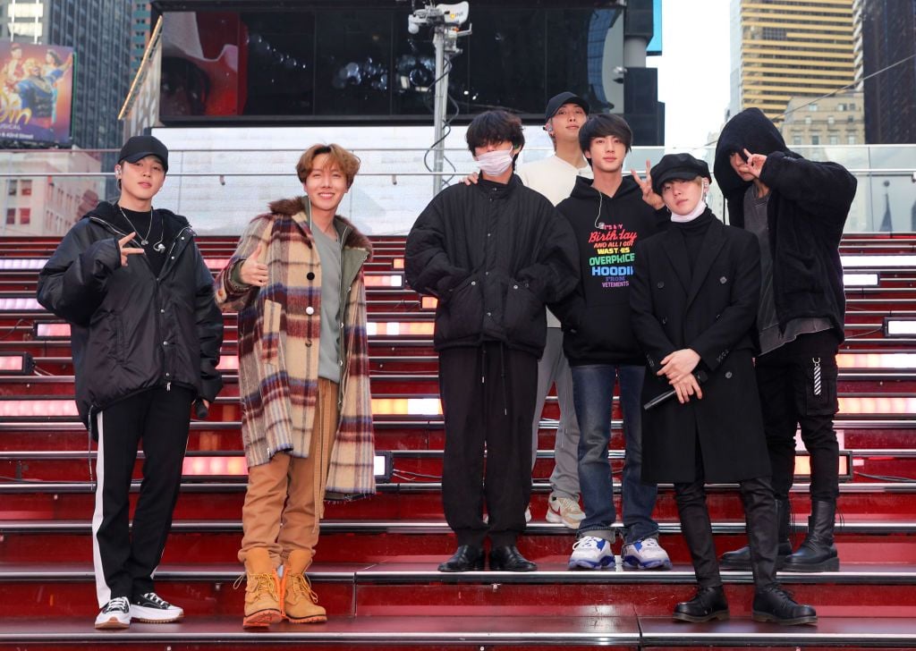 NEW YORK, NY - DECEMBER 31: K-Pop band, BTS is seen in Times Square on December 31, 2019 in New York City. (Photo by Jose Perez/Bauer-Griffin/GC Images)