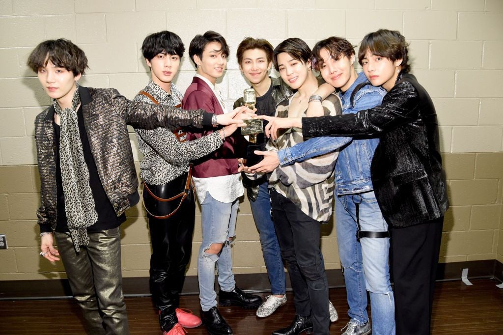 LAS VEGAS, NV - MAY 20: Musical group BTS, winners of the Top Social Artist award, attend the 2018 Billboard Music Awards at MGM Grand Garden Arena on May 20, 2018 in Las Vegas, Nevada. (Photo by Kevin Mazur/BBMA18/WireImage)