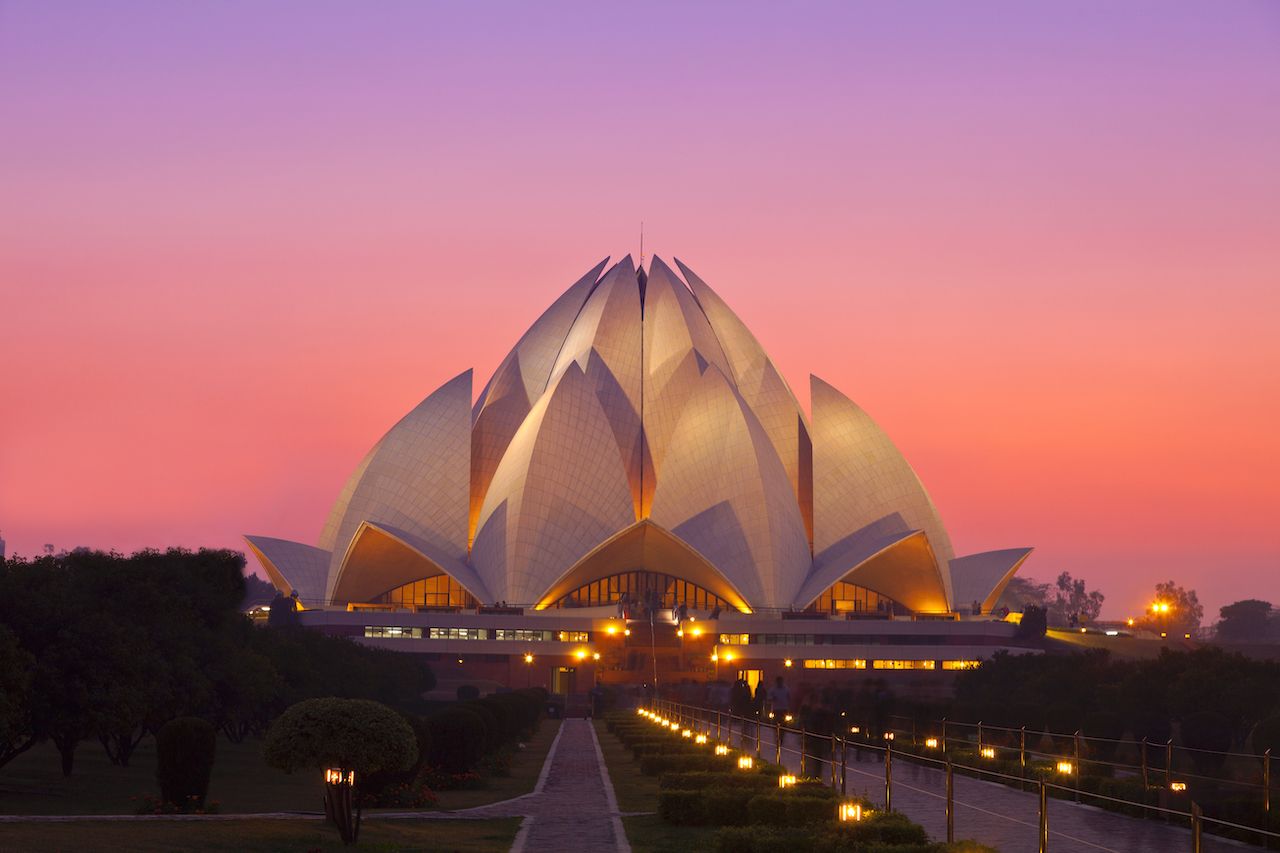 Lotus Temple, New Delhi, India, illuminated at twilight