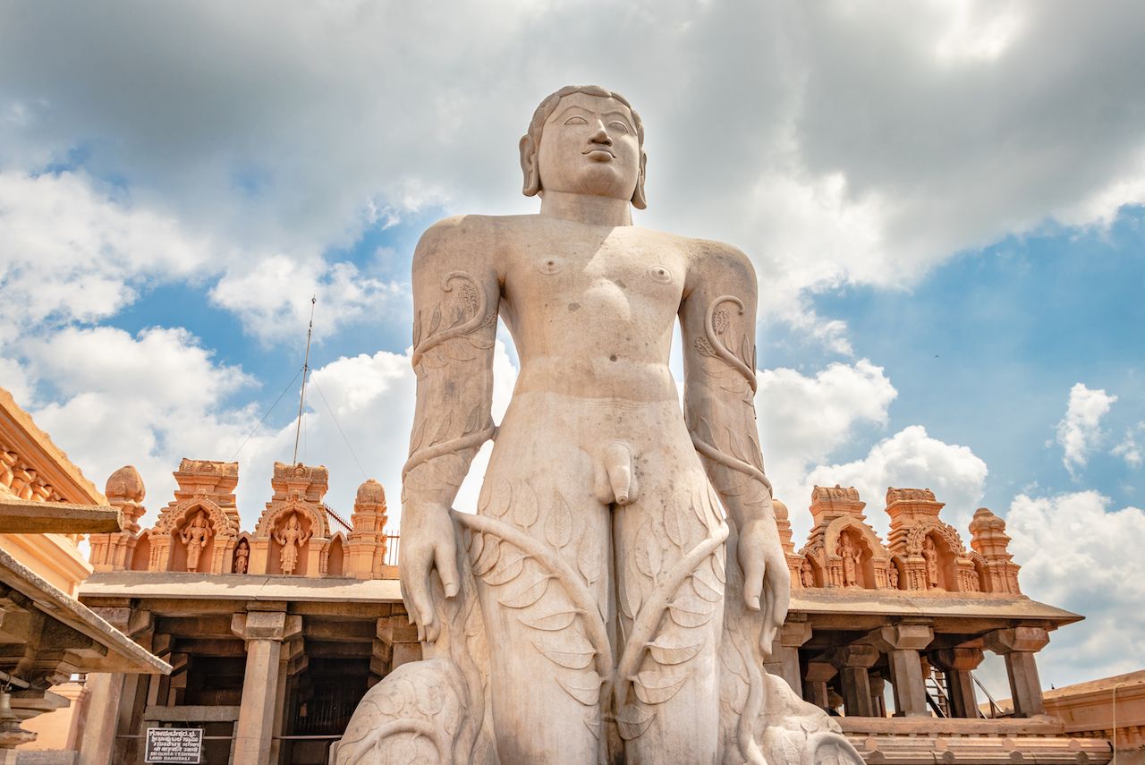 image is taken at shravanbelgola karnataka india on Dec 02 2019. bhagawan bahubali tallest nude statue symbolizing Peace, Non violence, sacrifice worldly affairs, and simple living.